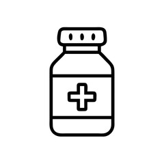 Fototapeta premium Outline drawing of a medicine bottle with a cross symbol on the label and three dots on the cap