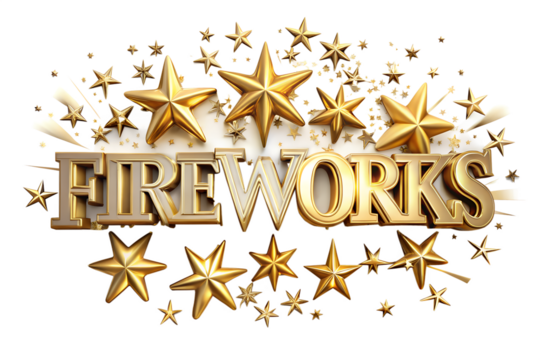 Golden fireworks text and stars create a festive celebration isolated on transparent background