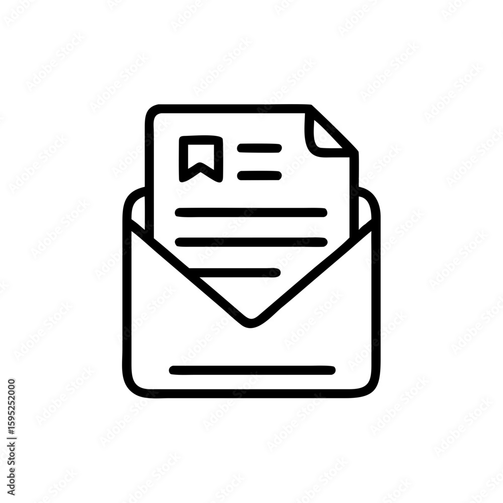 Poster an open envelope containing a document with a bookmark icon and horizontal lines inside it shown