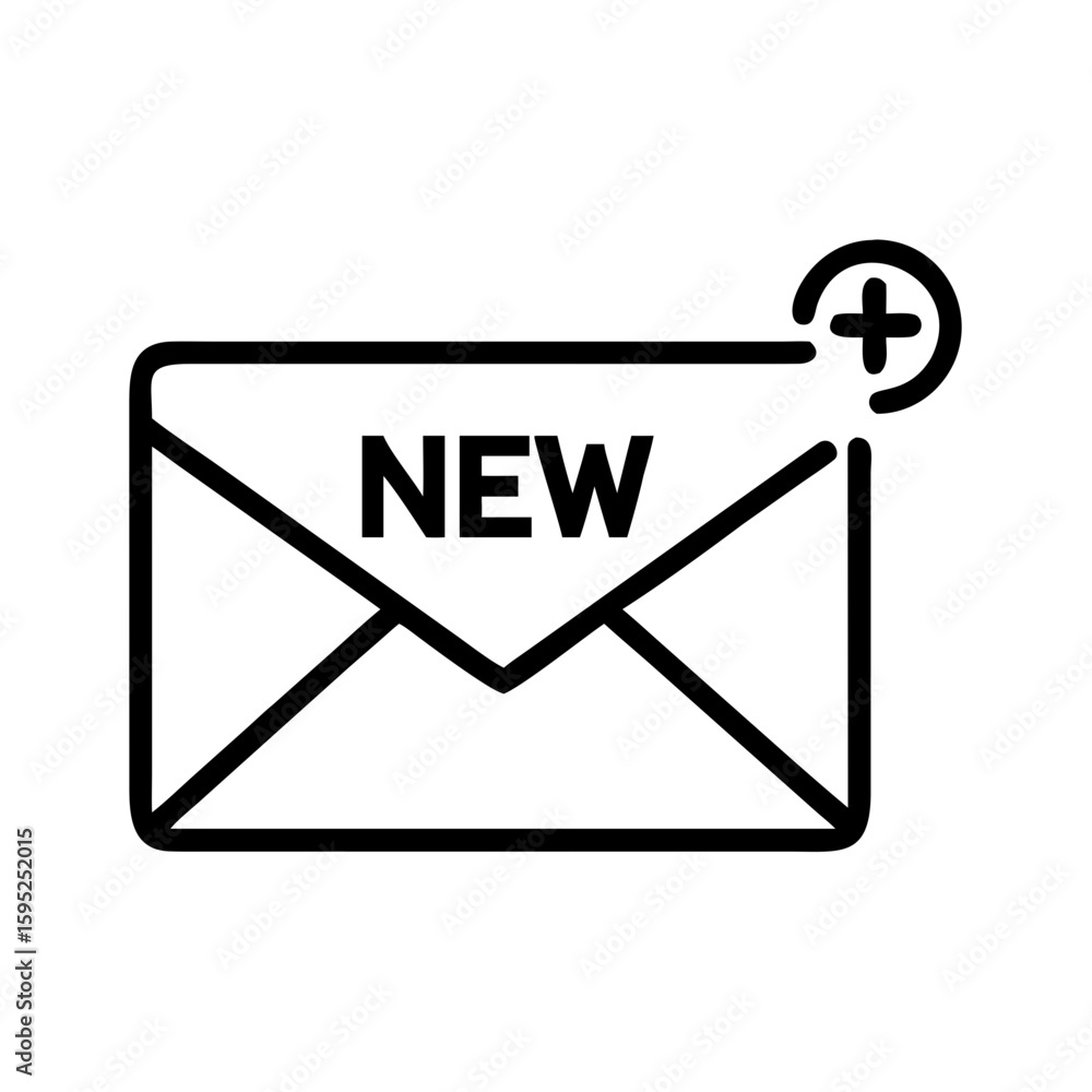 Aufkleber new message notification icon with plus sign indicating a new email in a simple black outline style