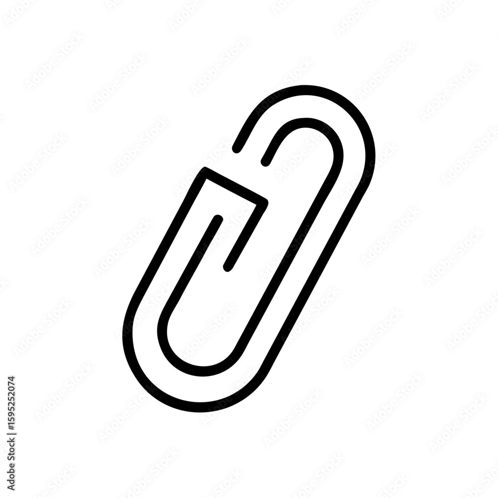 Poster illustration of a simple black paperclip with rounded edges on a white background in a line art styl