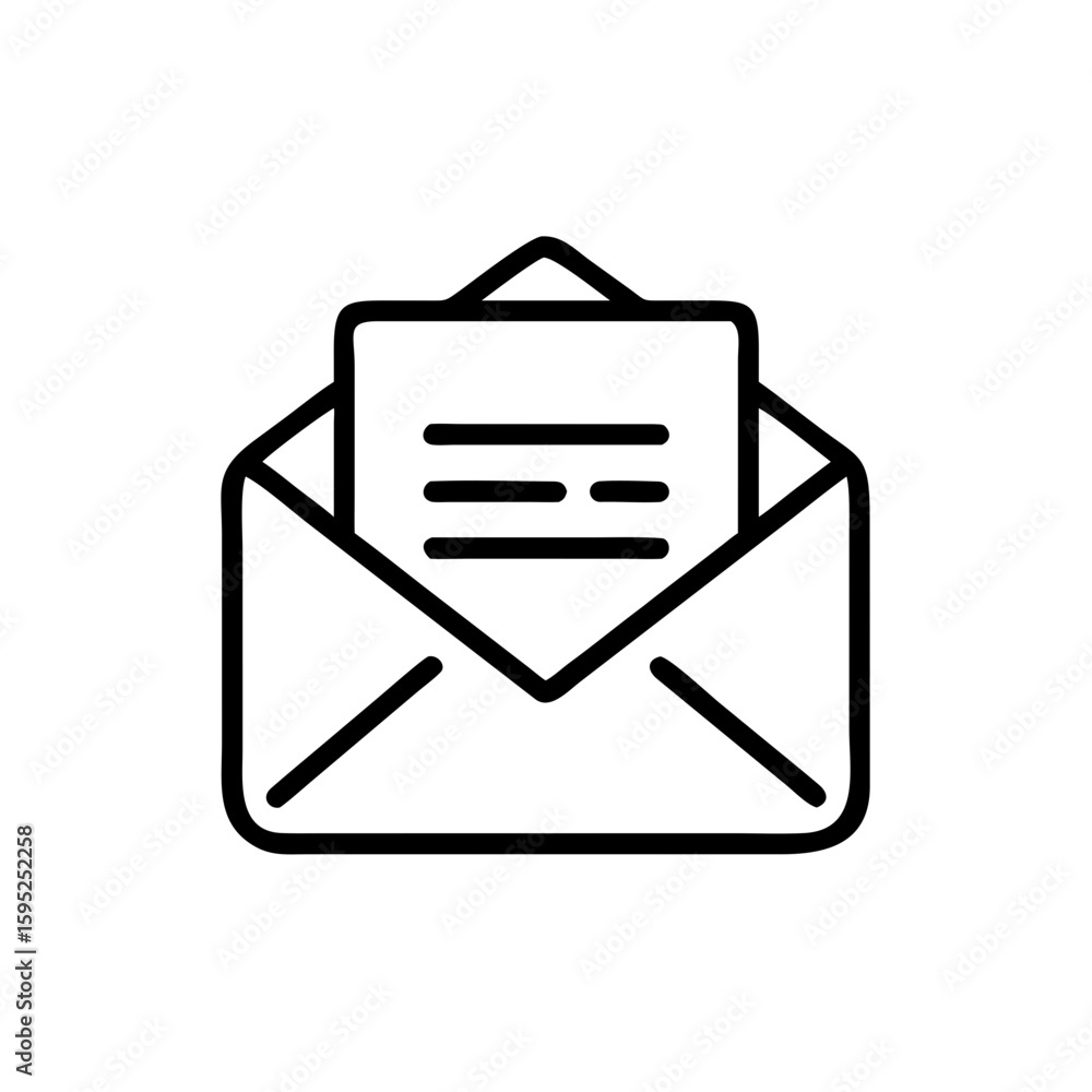 Poster outline drawing of an open envelope with a document inside showing lines of text on the paper icon a