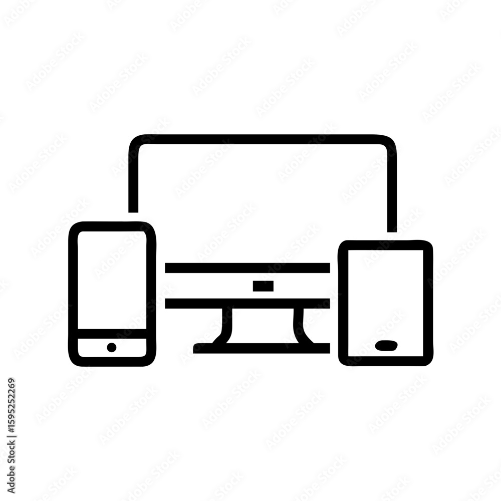 Fototapete Line drawing of a desktop computer with two mobile phones on a white background in a simple style