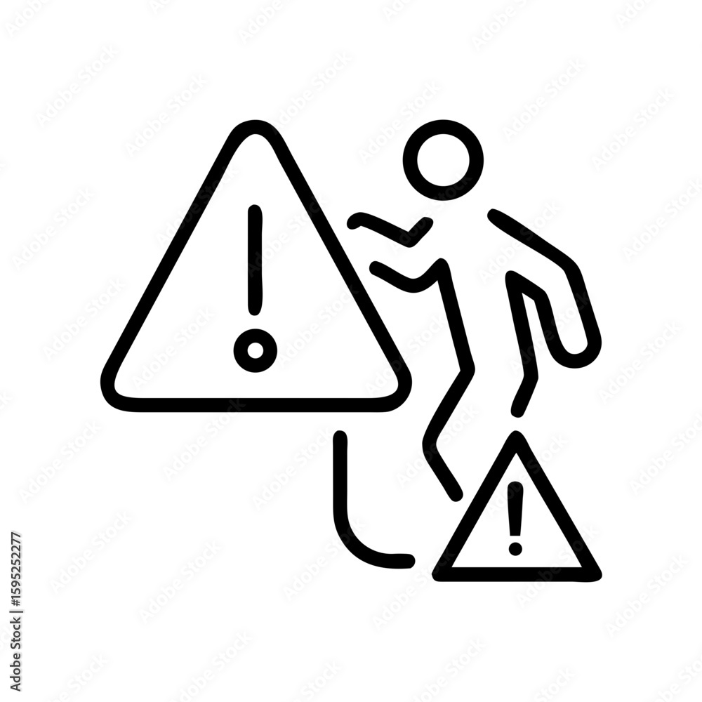 Poster stick figure encountering two warning signs with exclamation points in triangular shapes outline dra