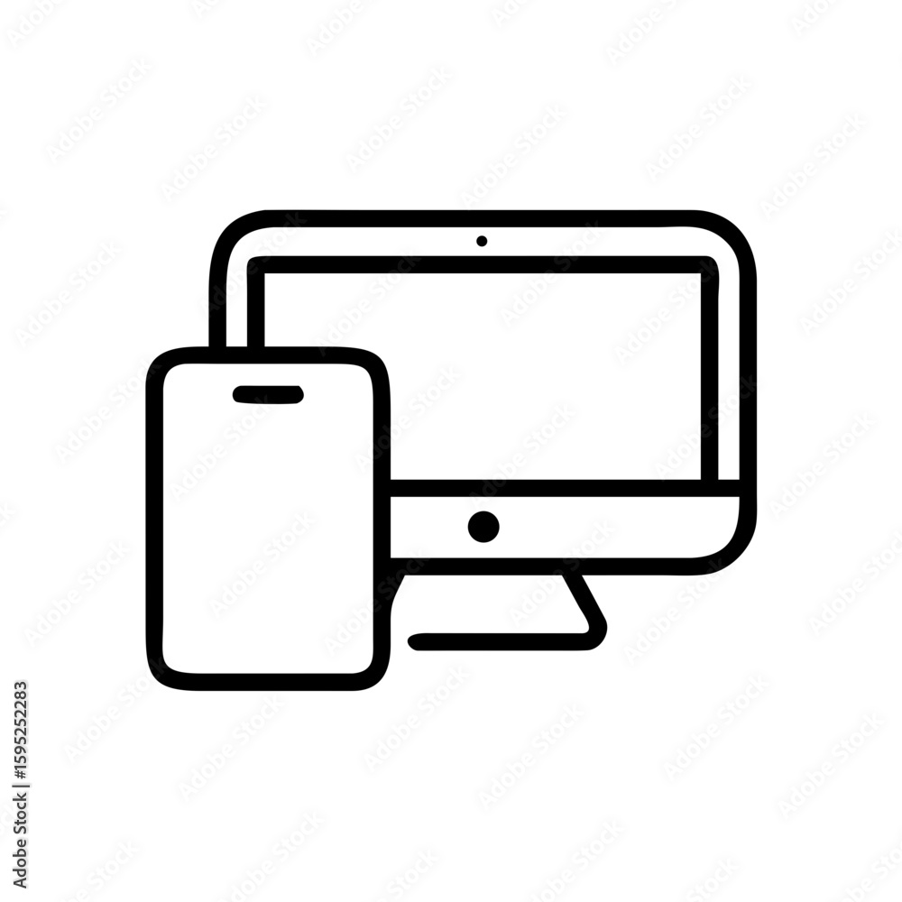 Poster illustration of a desktop computer monitor and a mobile phone with a minimalist black outline style
