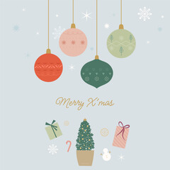 Merry Christmas Greeting Card with Ornaments and Gifts. Festive Christmas illustration featuring hanging ornaments, a decorated tree, wrapped gifts, and seasonal icons like a candy cane and snowman.