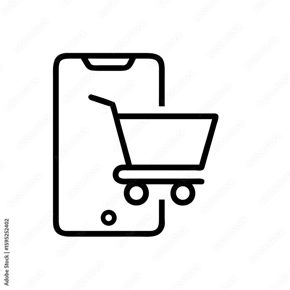Poster a simple line drawing of a shopping cart icon displayed on a smartphone screen in black and white st
