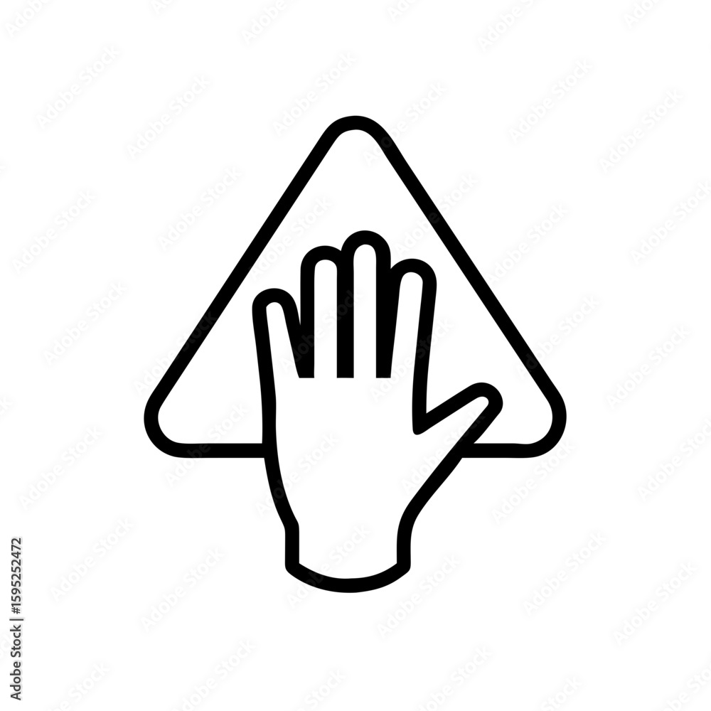 Poster hand touching a triangular shape with rounded corners in a minimalist black and white line art style