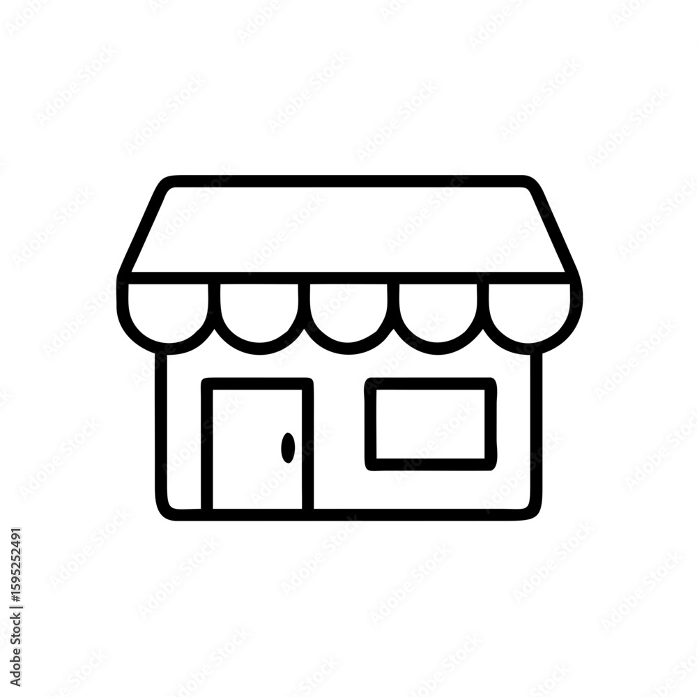 Poster illustration of a simple store front with a door window and awning in black outline style vector ima