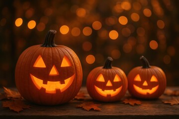 Festive Halloween pumpkin arrangement with warm bokeh lighting creating magical autumn celebration atmosphere with space for seasonal messaging