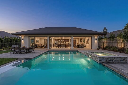 Twilight ambiance around contemporary single-story luxury house with open concept and water features, perfect for real estate listing or property ad

