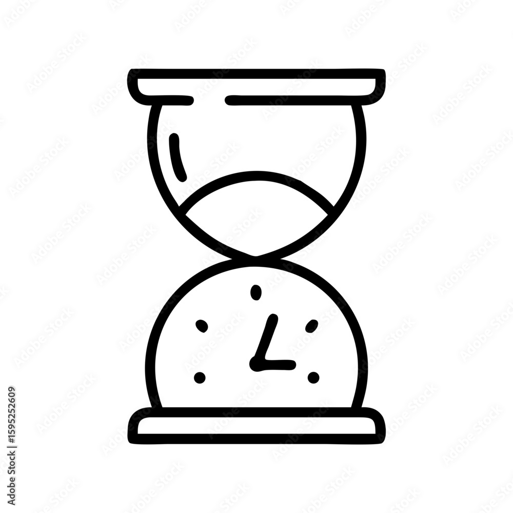 Poster illustration of an hourglass with a clock face on the bottom chamber in a simple line drawing style
