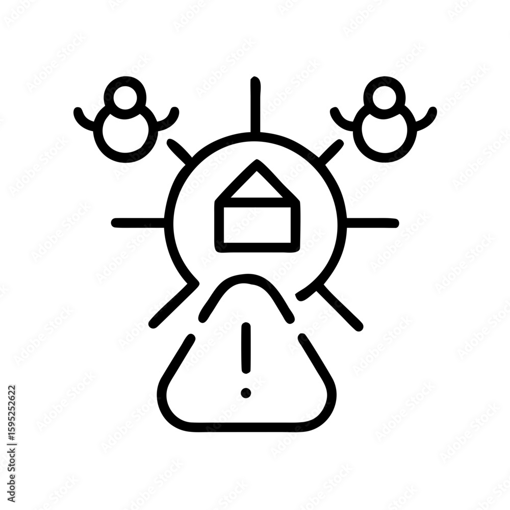 Aufkleber a network of people connected to a home with an alert symbol indicating a potential problem or issue