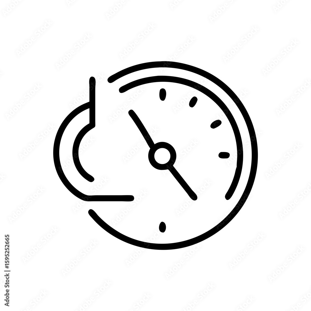 Poster illustration of a black outline clock with hands and a curved element on the left side design icon