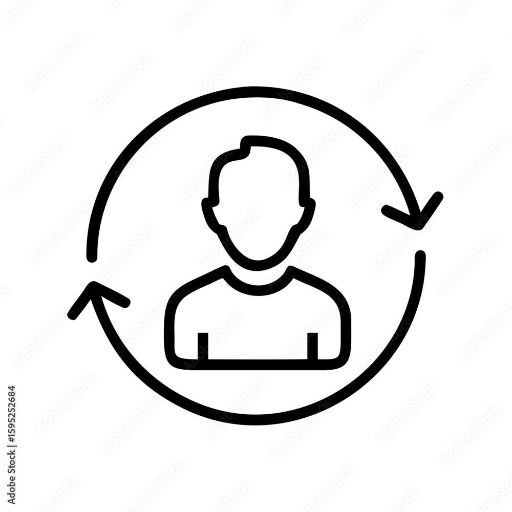 Poster person icon with circular arrows indicating process or refresh in a simple black and white design st