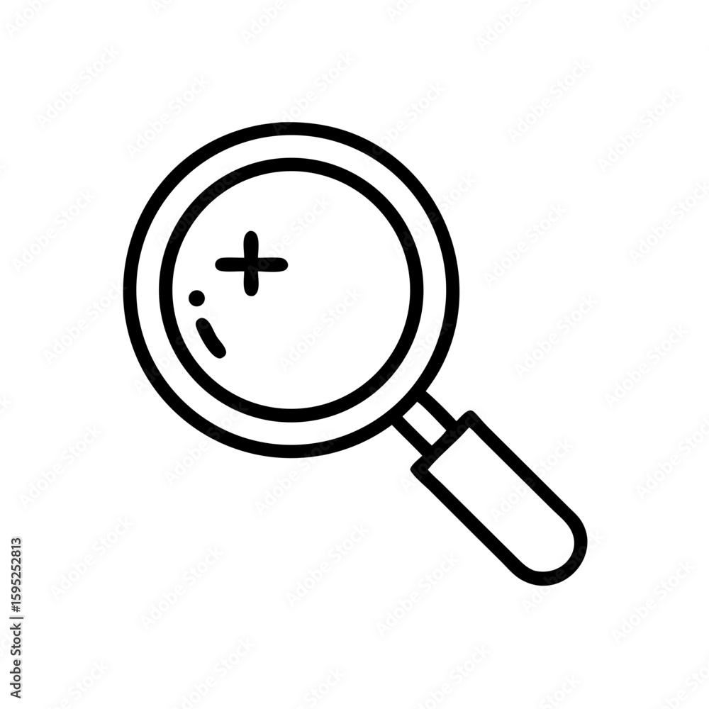 Poster a simple line drawing of a magnifying glass with a plus sign inside the lens and a dot near it
