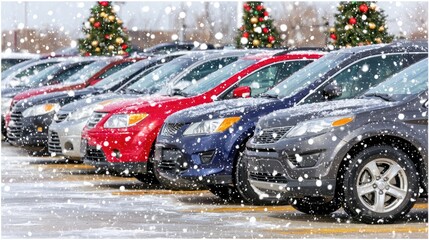 Snow-covered white cars in a parking lot during daylight with blurred background and falling snowflakes creating a serene winter atmosphere