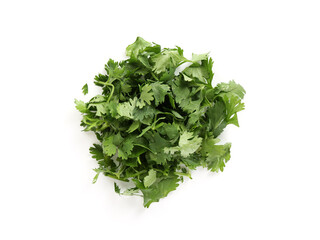 Pile of fresh cilantro sprigs isolated on white, top view