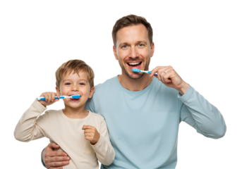 father and son brushing teeth
