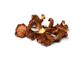Many dried chanterelle mushrooms isolated on white
