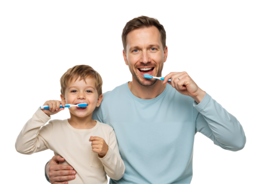father and son brushing teeth