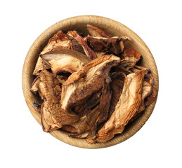 Pieces of dried mushrooms in bowl isolated on white, top view