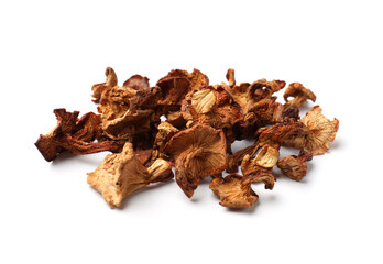Many dried chanterelle mushrooms isolated on white