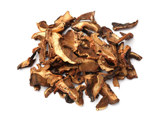 Pieces of dried mushrooms isolated on white, top view