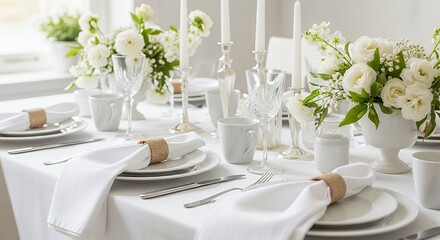 Fototapeta premium Elegant White Wedding Table Setup with Roses and Glassware