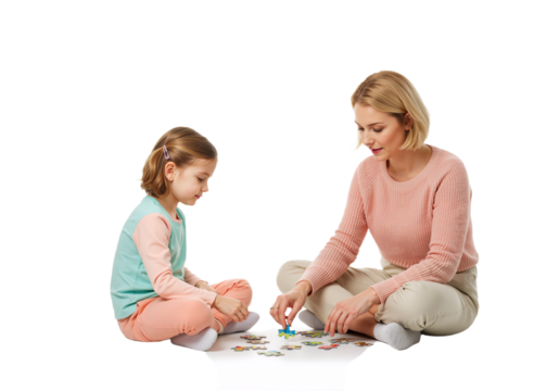 Mother and daughter doing puzzle on floor in pastel outfits, full-body thoughtful bonding scene on white background, PNG