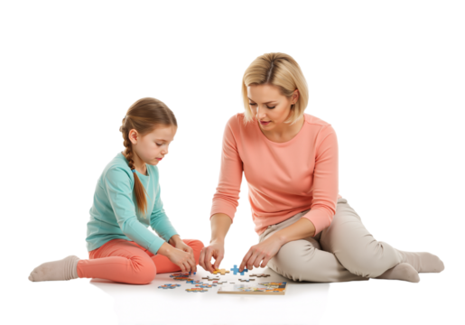 Mother and daughter doing puzzle on floor