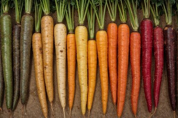 Assorted raw carrots with green tops arranged in straight line, farm fresh produce for healthy lifestyle, nutrition blog, vegan menu, natural food photography
