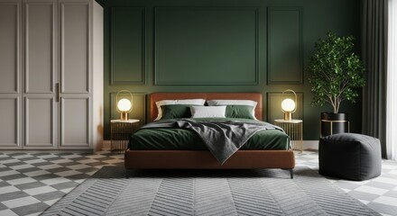 Luxurious Bedroom Interior Design with Rich Green Accents