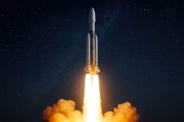 Obraz premium Space exploration rocket with flame trail launching into cosmos representing innovation and technological advancement in aerospace industry
