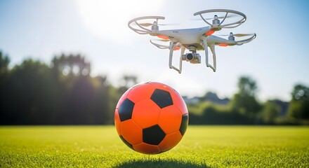 Ai generated image of a drone hovers above a soccer ball on a lush green field under a bright sky, capturing an aerial view of sport and technology in harmony