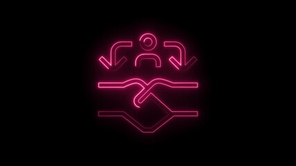 Glowing neon pink abstract symbol with downward arrows and interconnected lines on a black background - Powered by Adobe