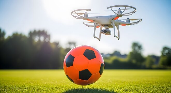Ai generated image of a drone hovers above a soccer ball on a lush green field under a bright sky, capturing an aerial view of sport and technology in harmony