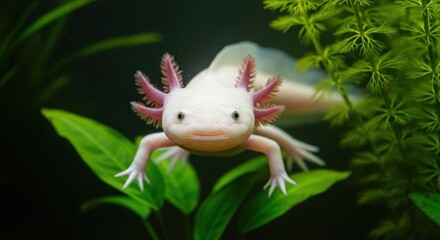 Cute Axolotl Swimming in Green Aquatic Plants