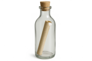 Vintage glass bottle with rolled paper message, cork-sealed, positioned against transparent backdrop