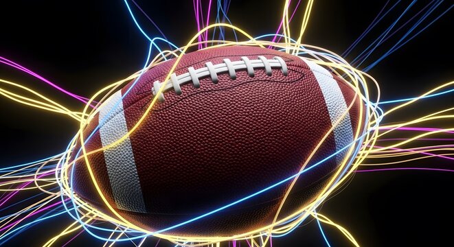 Ai generated image of an american football is encircled by vibrant, glowing light trails, conveying a sense of speed and energy