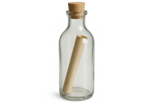 Vintage glass bottle with rolled paper message, cork-sealed, positioned against transparent backdrop - Powered by Adobe