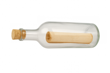 Glass bottle containing rolled paper message, cork stopper, isolated against transparent backdrop
