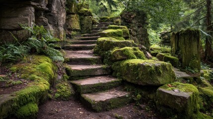 Fototapeta premium Mossy stone steps through lush forest