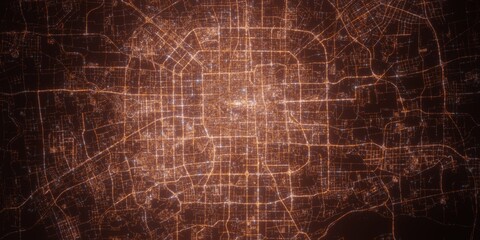 Beijing (China) night view with street lights. Aerial shot from space. top view heading east, 