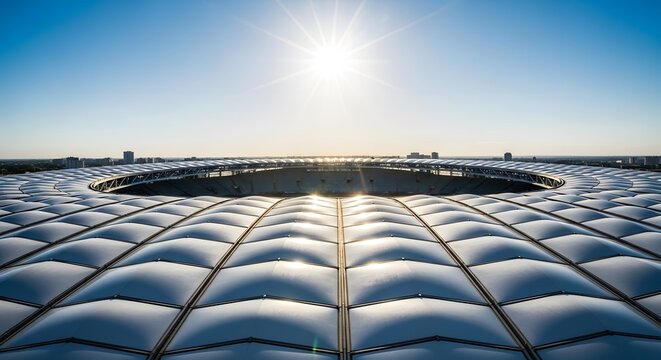 Ai generated image of the stadiums modern roof design captures the sunlight, creating a striking architectural landmark in the cityscape