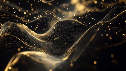 Elegant black background with flowing golden abstract lines and luminous dots creating a dynamic texture