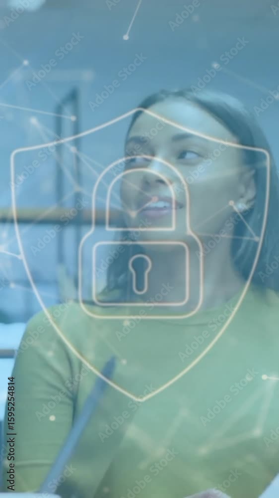 Poster animation of padlock in shield and connected dots over diverse coworkers discussing reports