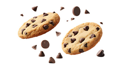 Delicious Chocolate Chip Cookies Floating with Chocolate Chunks – Isolated on White Background