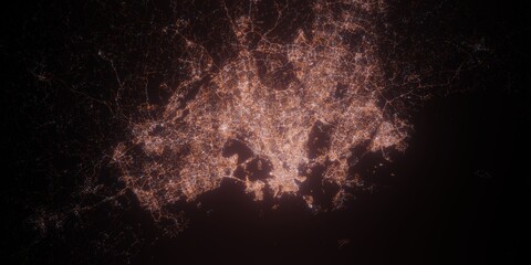 Helsinki (Finland) night view with street lights. Aerial shot from space. top view heading north, 