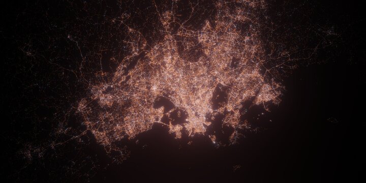 Helsinki (Finland) night view with street lights. Aerial shot from space. top view heading north, 
